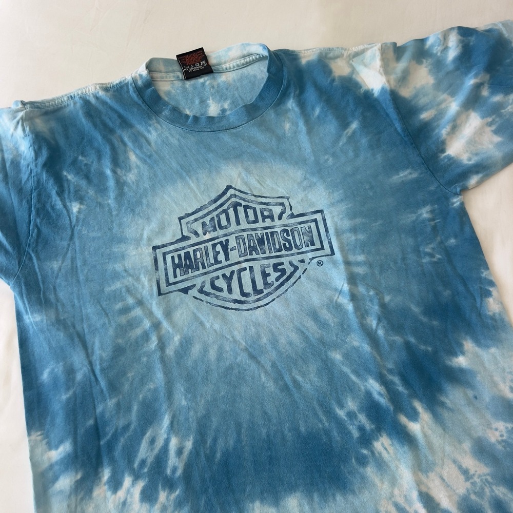 Vintage Harley Davidson Tie Dye T-Shirt Blue Cedar Rapids Iowa Mens Medium USA